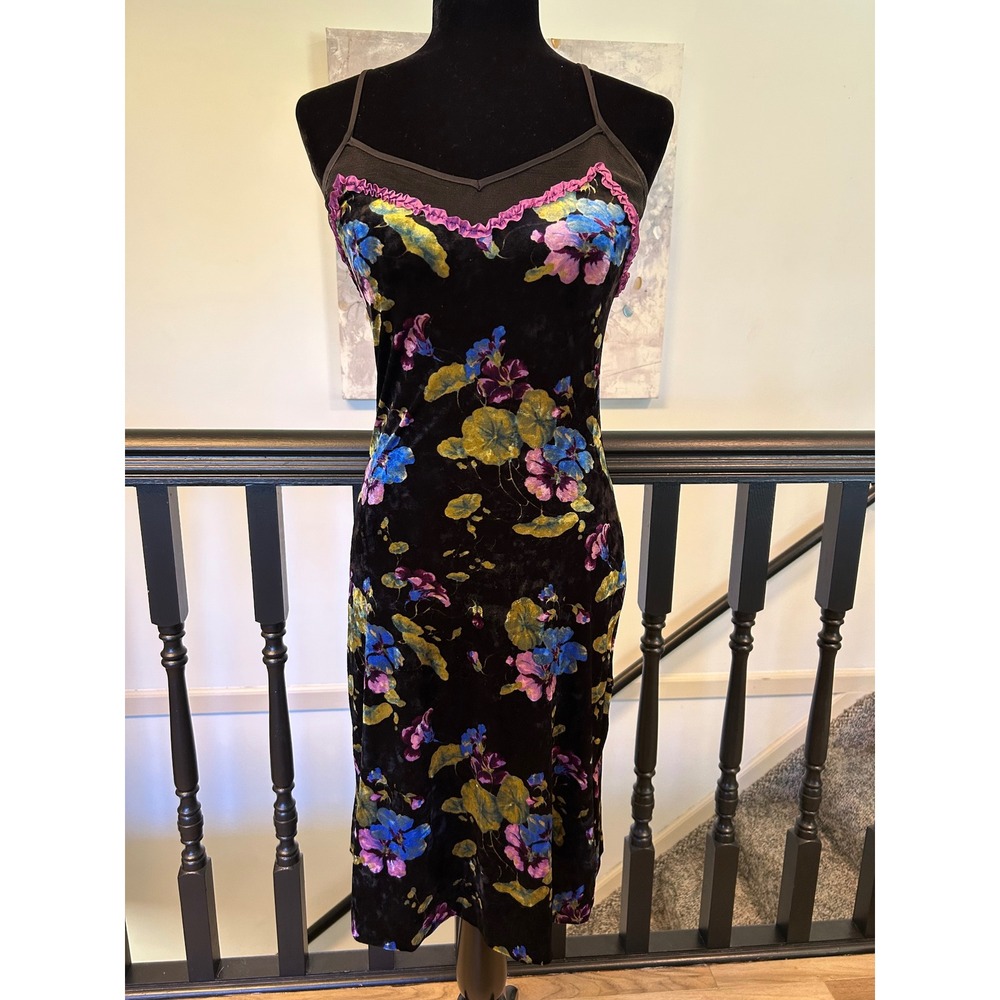 Betsey Johnson New York Floral Velvet Mesh Ruffle Midi Dress Black Purple Medium